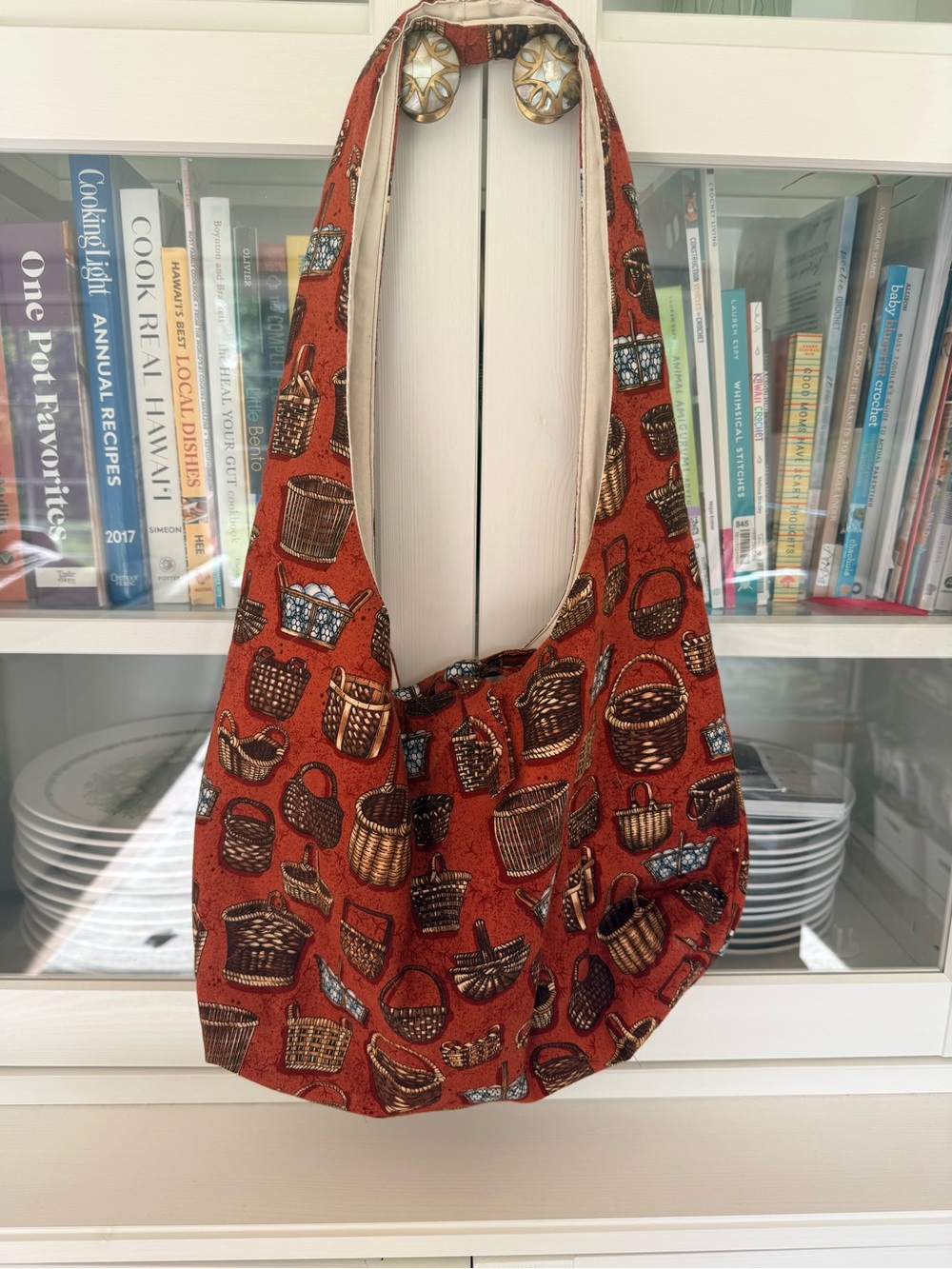 Stylish Rust Basket-Print Shoulder Bag - Women
